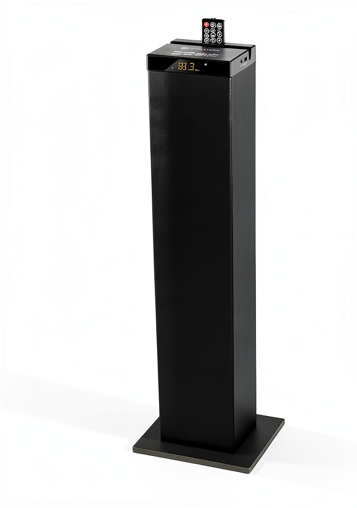 GOgroove BlueSYNC STW Bluetooth tower speaker on a wooden desk